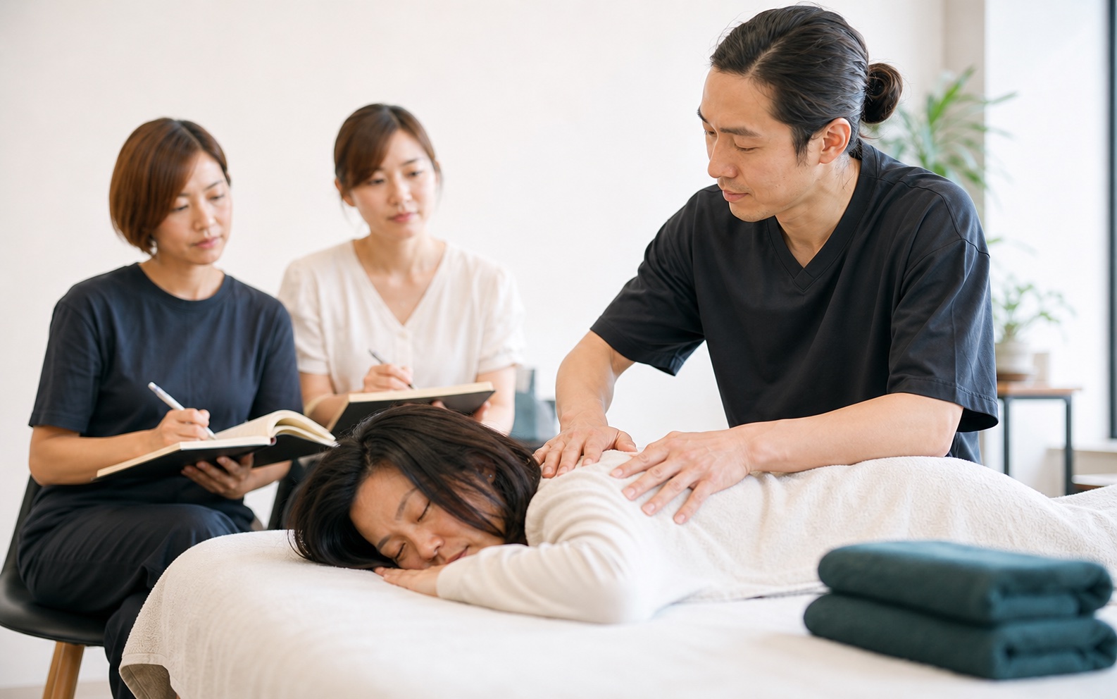 リラクゼーション技術講習で講師が手技を実演している様子